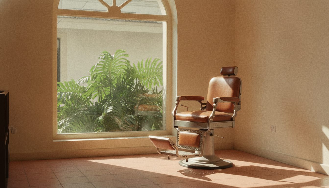 A sunlit vintage barbershop corner with a classic chair beside a bright window and a tropical plant