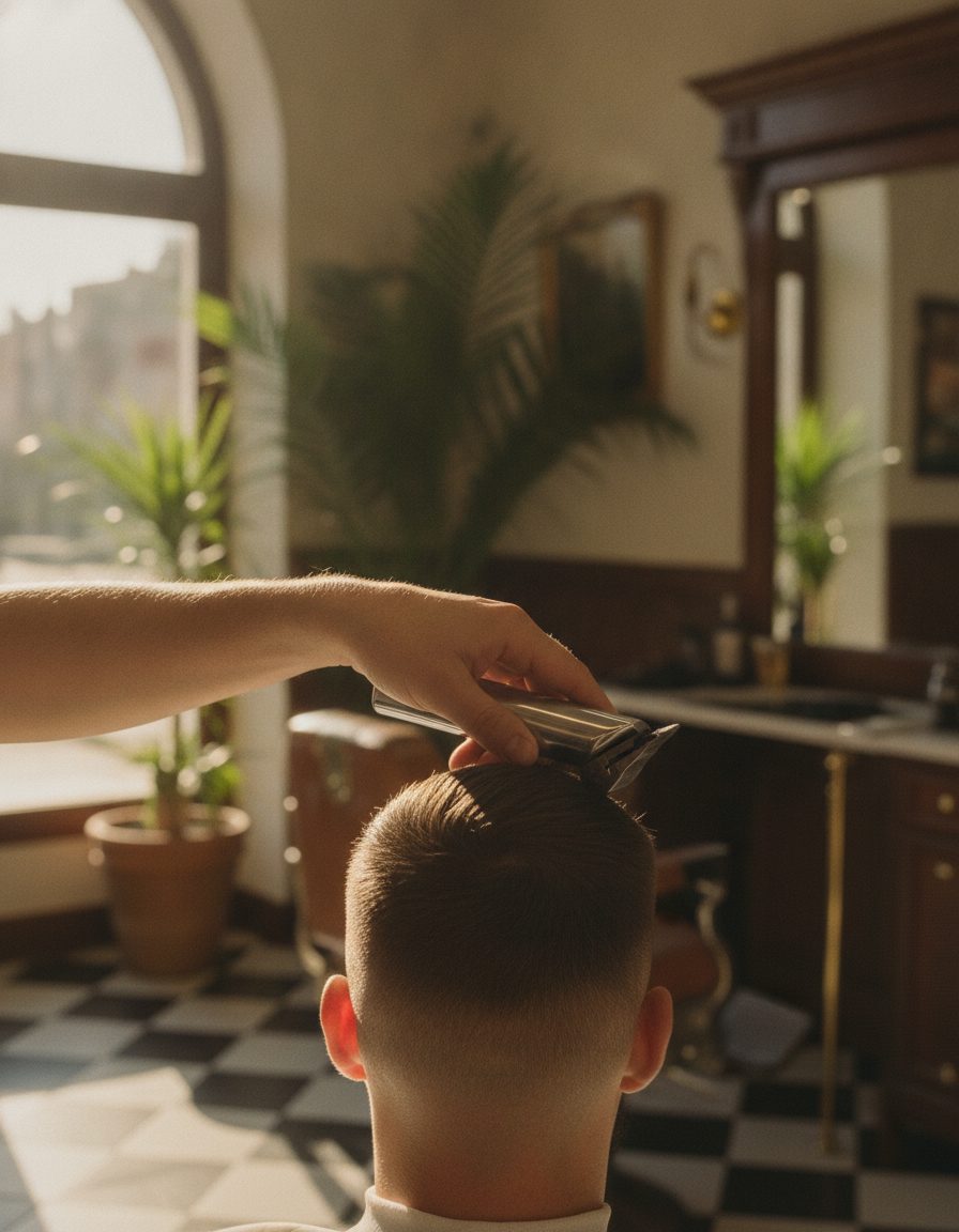 A barber shaping a clean fade on the back of a client's head in bright daylight