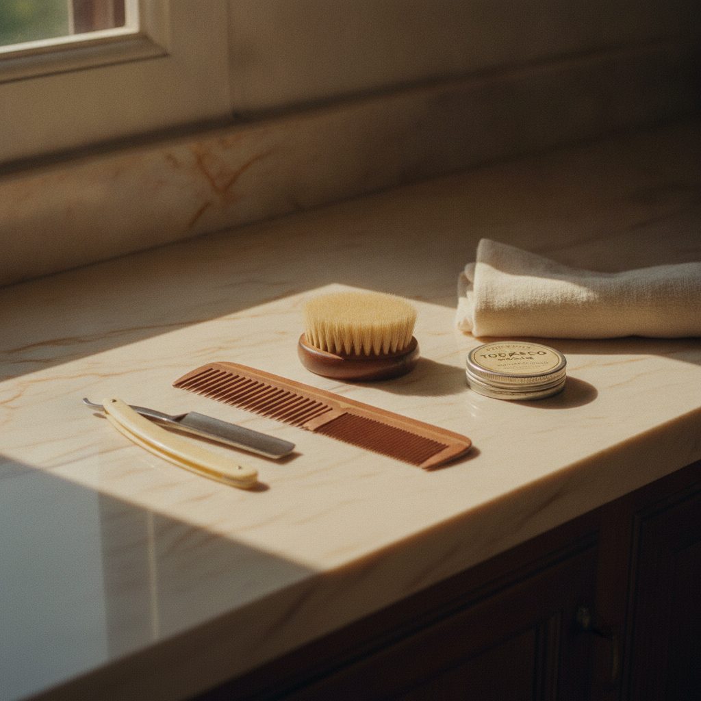 Vintage barber tools, a comb, brush, straight razor and tin of talc, on a warm marble counter in soft daylight